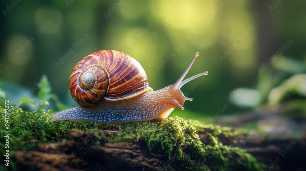 Professional photo close up of a snail on mossy wood , minimalist, bold color Professional photo close up of a snail on mossy wood , minimalist, bold color