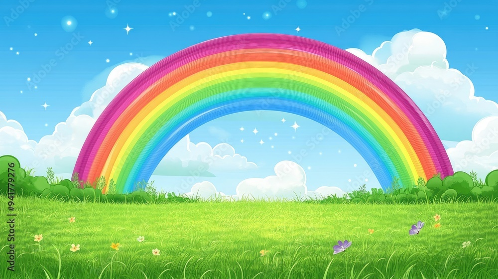 A colorful rainbow spanning a lush green field, with plenty of room for copy in the foreground A colorful rainbow spanning a lush green field, with plenty of room for copy in the foreground