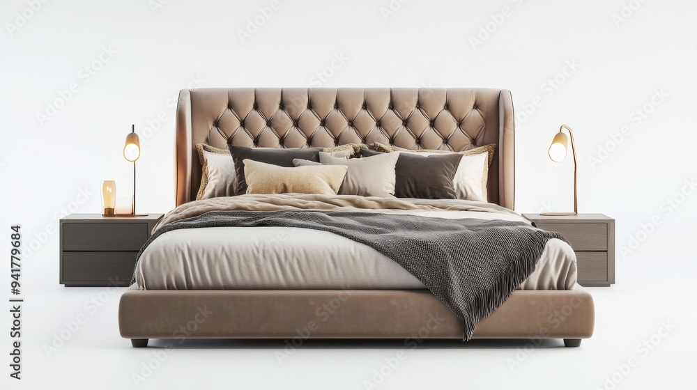 Modern Upholstered Bed with Nightstands and Lamps. Modern Upholstered Bed with Nightstands and Lamps.