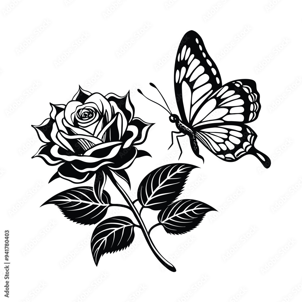 Fototapeta premium Silhouette of a rose flower with butterfly on a white background