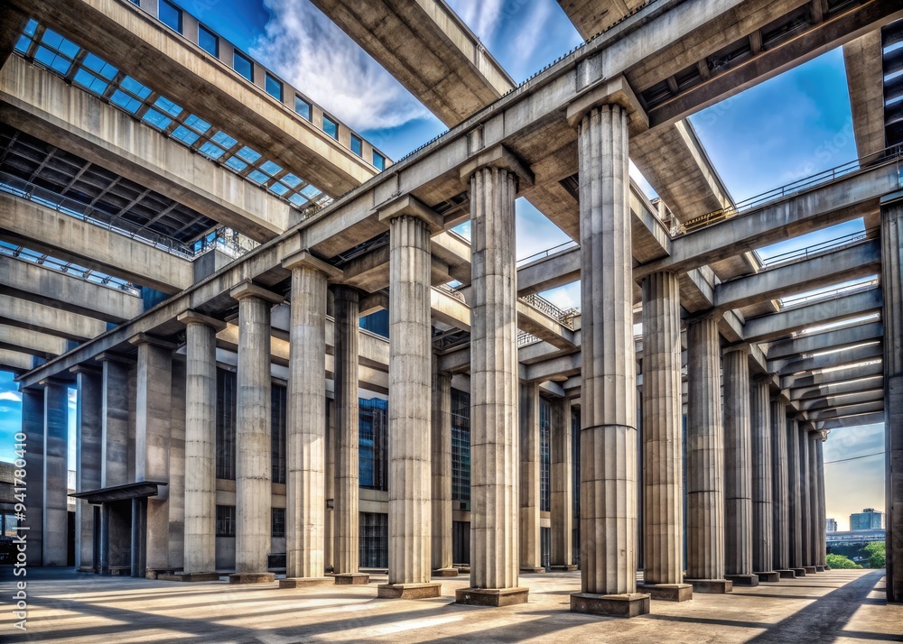 Industrial Strength: Concrete columns and steel beams supporting a courthouse of brutalist grandeur. Industrial Strength: Concrete columns and steel beams supporting a courthouse of brutalist grandeur.