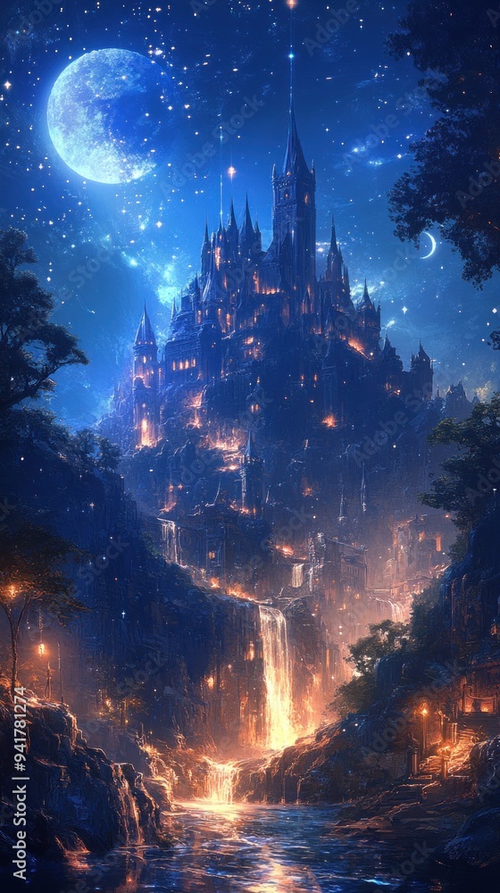 A Majestic Castle Perched on a Mountaintop Under a Starry Sky A Majestic Castle Perched on a Mountaintop Under a Starry Sky