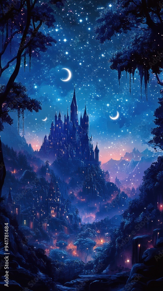 Fototapeta premium Enchanted Castle Under a Starry Night Sky