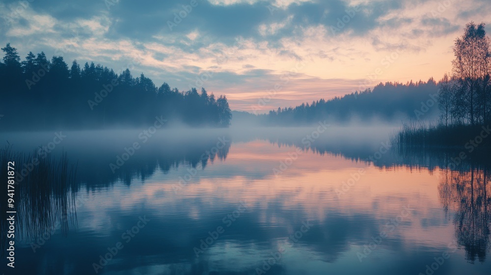 Misty Sunset Over a Serene Lake. Misty Sunset Over a Serene Lake.
