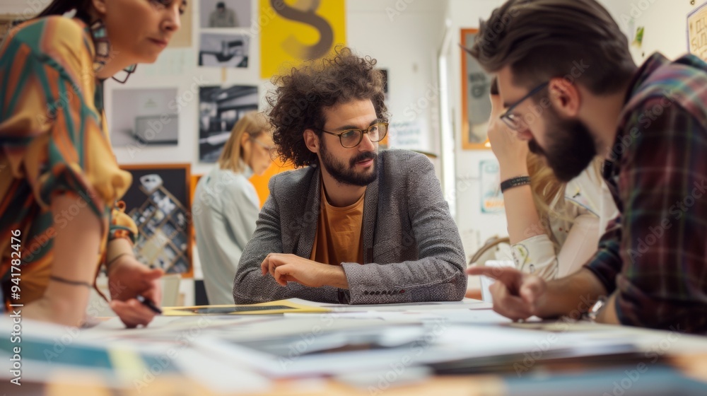 Fototapeta premium Creative brainstorming session in a bright workspace with diverse individuals collaborating on innovative ideas