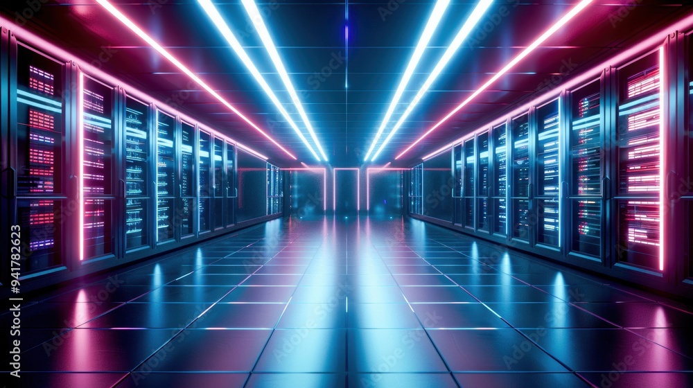 Futuristic data center corridor illuminated with vibrant neon lights, showcasing advanced server technologies and sleek design.