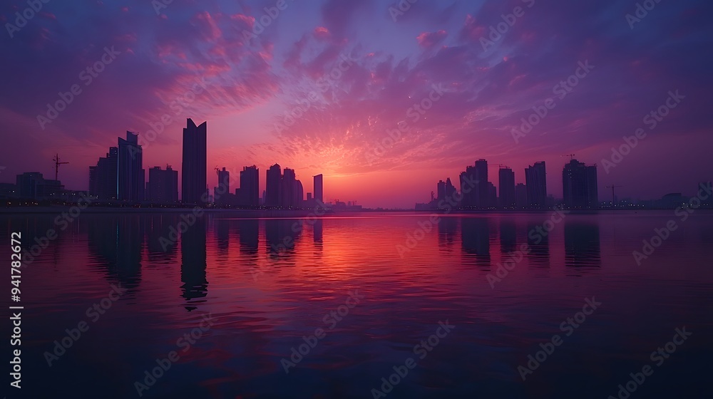 Fototapeta premium Stunning sunset over a modern skyline reflected in tranquil waters.