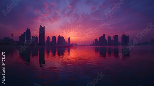 Stunning sunset over a modern skyline reflected in tranquil waters. photo