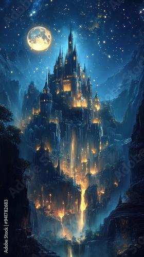 Majestic Castle Nestled in a Starry Night Sky Above a Misty Canyon