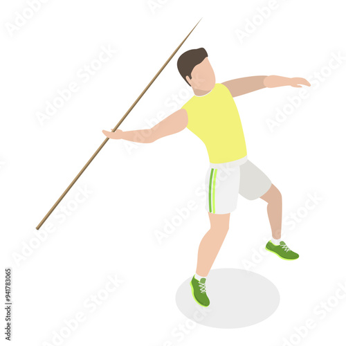 3D Isometric Flat Vector Set of a Character Javeling Throwing, Sports Activity. Item 4