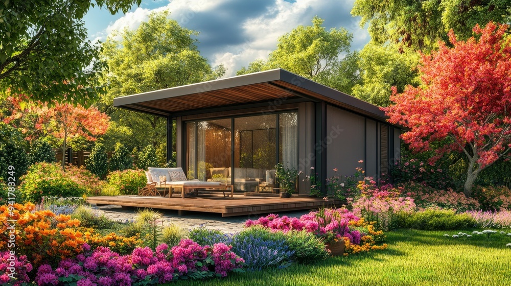 A cozy garden house with a wooden deck, surrounded by colorful flowers, and open space for text A cozy garden house with a wooden deck, surrounded by colorful flowers, and open space for text