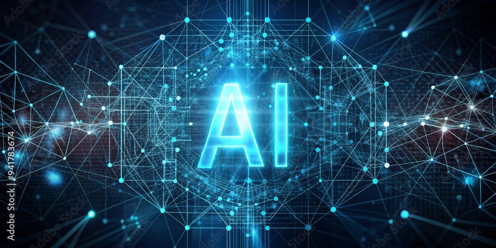 Obraz premium AI Network Concept with Glowing Blue Lines and Dots, artificial intelligence, neural network, machine learning, deep learning