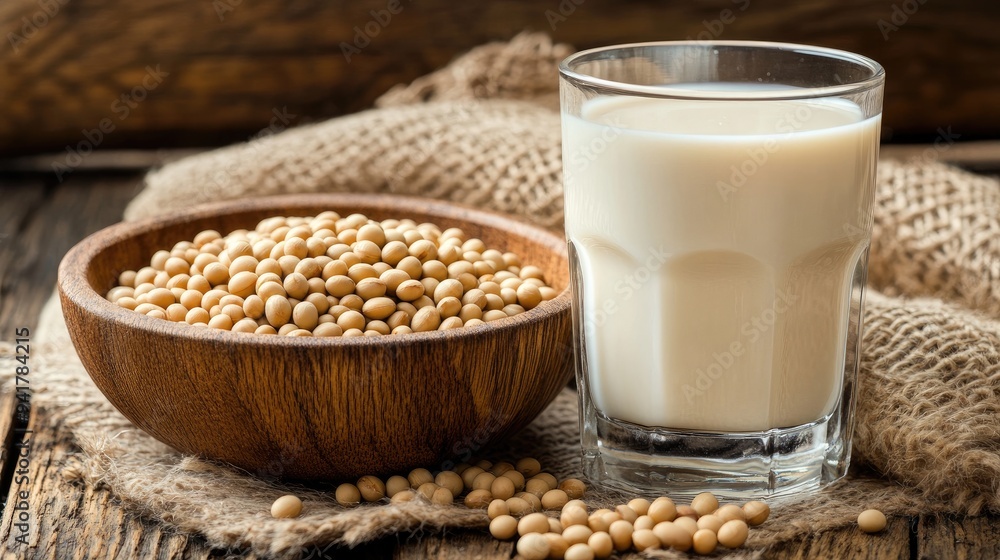 Closeup of soy beans in wooden bowl with soy milk in glass Closeup of soy beans in wooden bowl with soy milk in glass