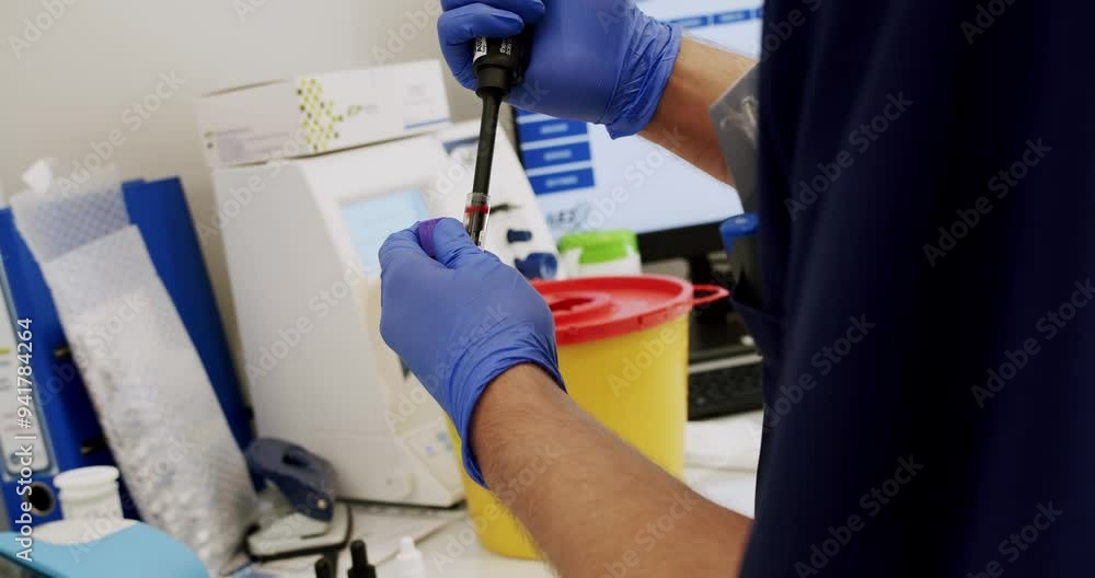 Crop doctor mixing blood with chemicals. From above closeup handheld shot of anonymous medical specialist in latex gloves mixing blood samples with reagents during work in clinic lab. Crop doctor mixing blood with chemicals. From above closeup handheld shot of anonymous medical specialist in latex gloves mixing blood samples with reagents during work in clinic lab.
