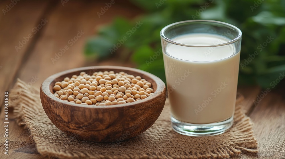 Closeup of soy beans in wooden bowl with soy milk in glass Closeup of soy beans in wooden bowl with soy milk in glass