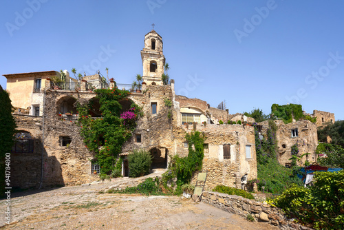Fototapeta Naklejka Na Ścianę i Meble -  Bell tower view in the ghost town of Bussana Vecchia, Sanremo, Liguria, Italy