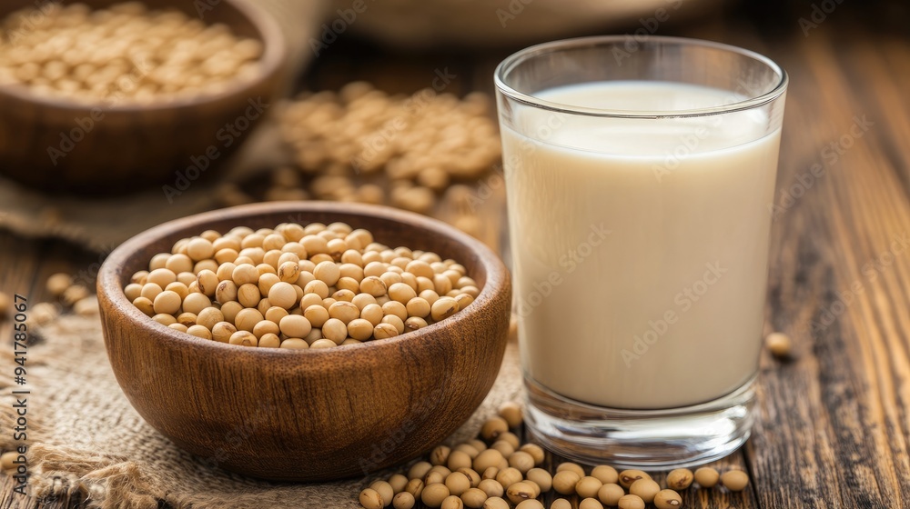 Closeup of soy beans in wooden bowl with soy milk in glass Closeup of soy beans in wooden bowl with soy milk in glass