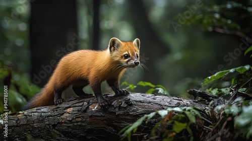 Pine marten standing on a fallen tree in a forest setting