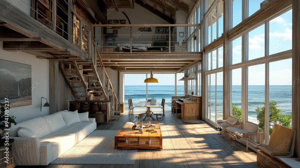 Fototapeta premium Charming European beach house with spacious copy floor, overlooking a serene coastline. Rustic wooden architecture.