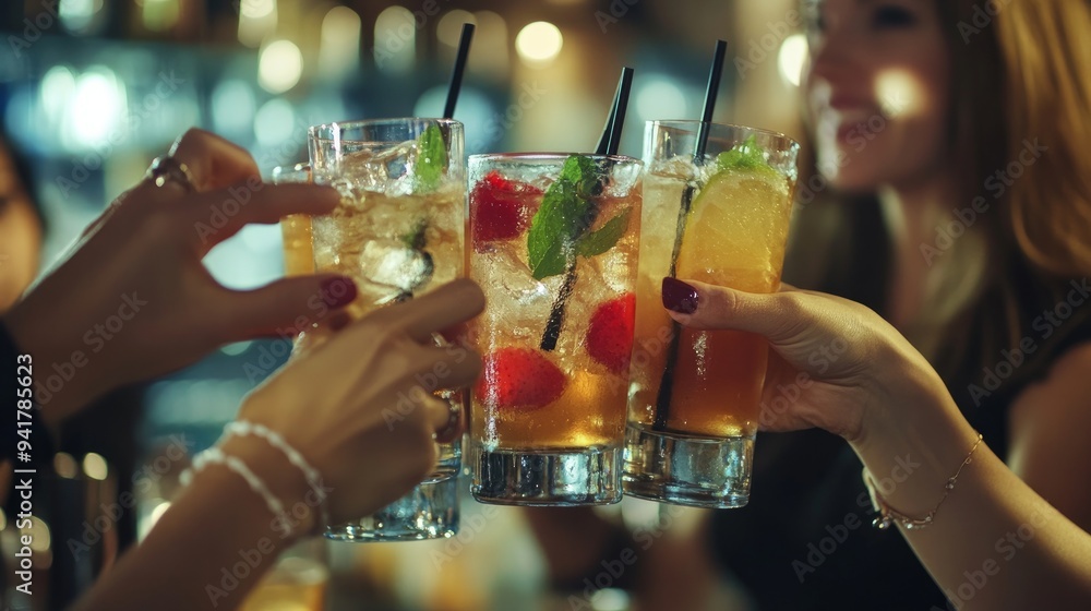 Celebration with cocktails among a group of people - cropped detail with emphasis on hands - alcohol, drinks, and lifestyle concept Celebration with cocktails among a group of people - cropped detail with emphasis on hands - alcohol, drinks, and lifestyle concept