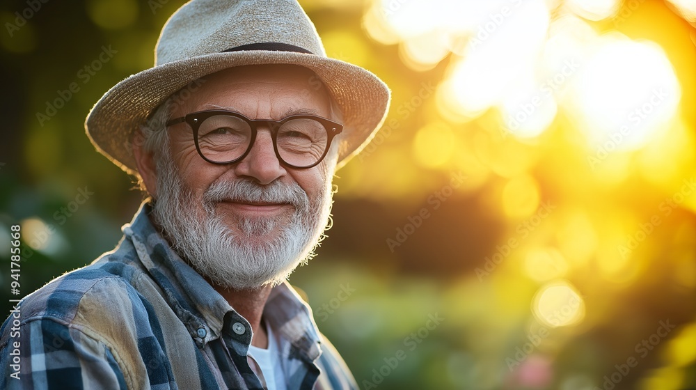 A smiling elderly man in a hat, surrounded by nature and sunlight. A smiling elderly man in a hat, surrounded by nature and sunlight.