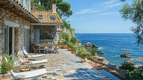 Charming stone beach house in Europe with a tiled copy floor and a patio overlooking the sea. photo