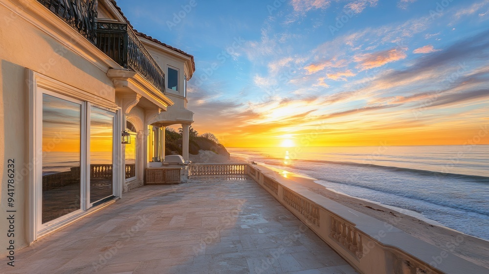 Obraz premium Elegant European beach house with a sun-soaked copy floor, perfect for enjoying ocean sunsets.