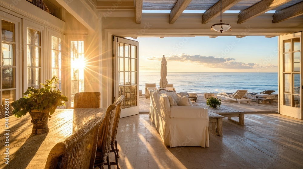 Fototapeta premium Elegant European beach house with a sun-soaked copy floor, perfect for enjoying ocean sunsets.