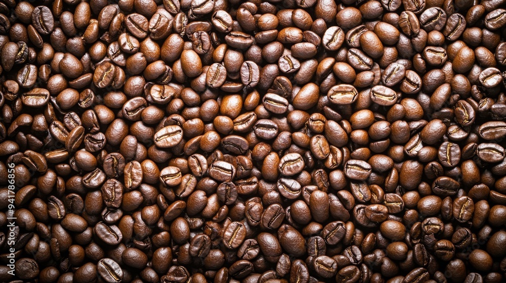Fototapeta premium Lots of coffee beans. Coffee background. Professional close-up photo of coffee beans texture, minimalistic, bold color