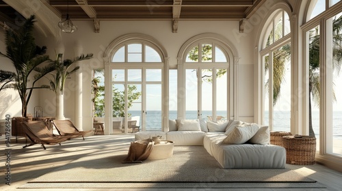 European beach house with a spacious copy floor and large windows opening to the coastal breeze.