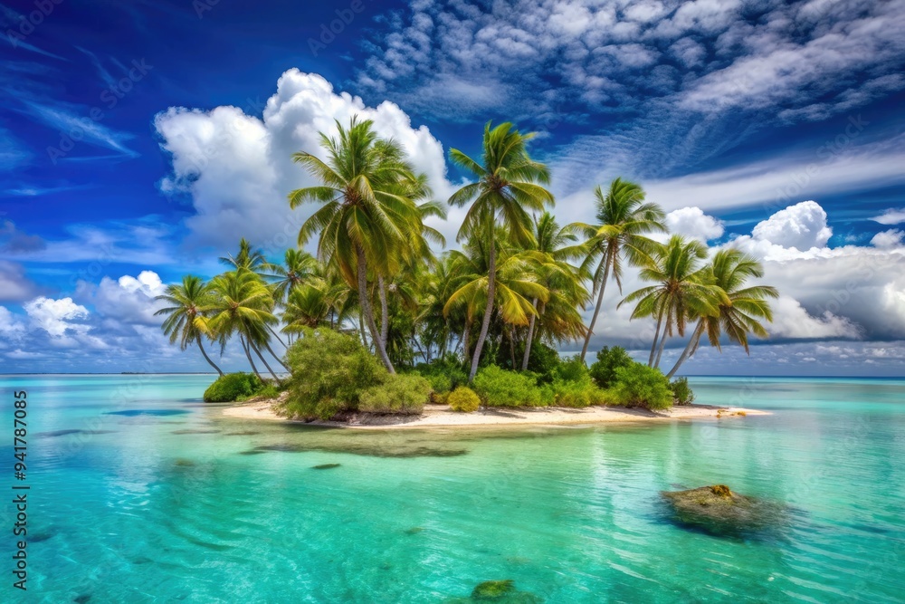 Island Escape: Remote, secluded, palm trees swaying, turquoise lagoons, tranquil