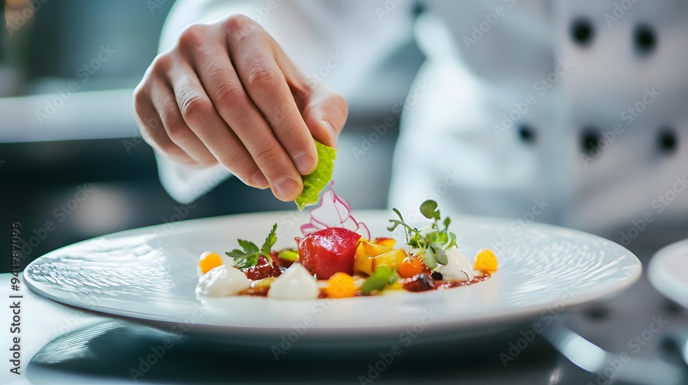 Chef’s Hand Plating a Gourmet Dish: A chef's hand carefully arranging a gourmet dish on a plate, with vibrant food colors popping against a white background.
Chef’s Hand Plating a Gourmet Dish: A chef's hand carefully arranging a gourmet dish on a plate, with vibrant food colors popping against a white background.