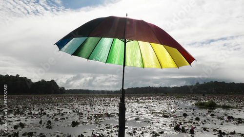 Closeup of a colorful umbrella opened against sunlight