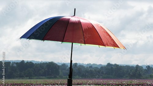 Closeup of an opened colorful umbrella placed in the field