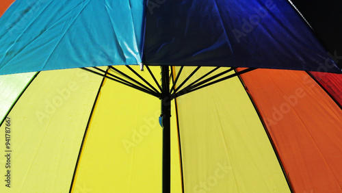 Closeup of an opened colorful umbrella