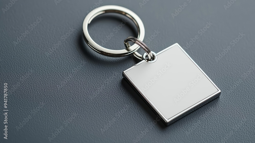 Modern square keychain with a blank white surface, attached to a shiny metal ring, positioned on a neutral gray background, sophisticated mockup Modern square keychain with a blank white surface, attached to a shiny metal ring, positioned on a neutral gray background, sophisticated mockup