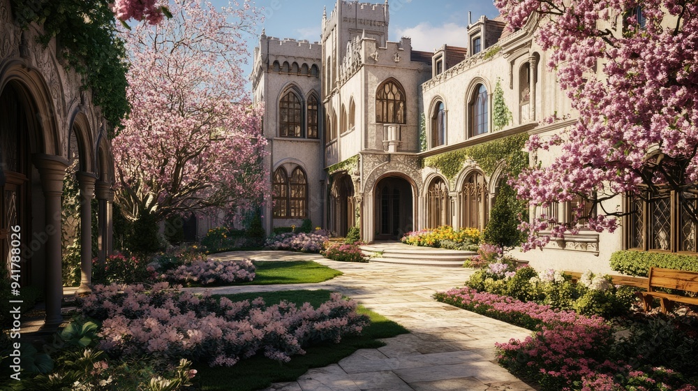 Fototapeta premium Iconic European mansion with a traditional copy floor and a courtyard filled with blooming flowers.