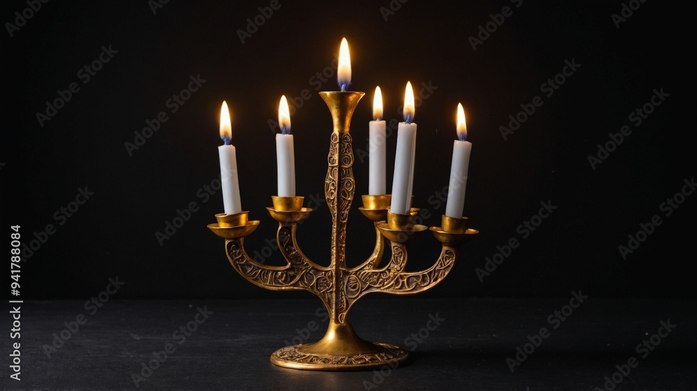Golden menorah with burning candles, Hanukkah concept, black background. Golden menorah with burning candles, Hanukkah concept, black background.
