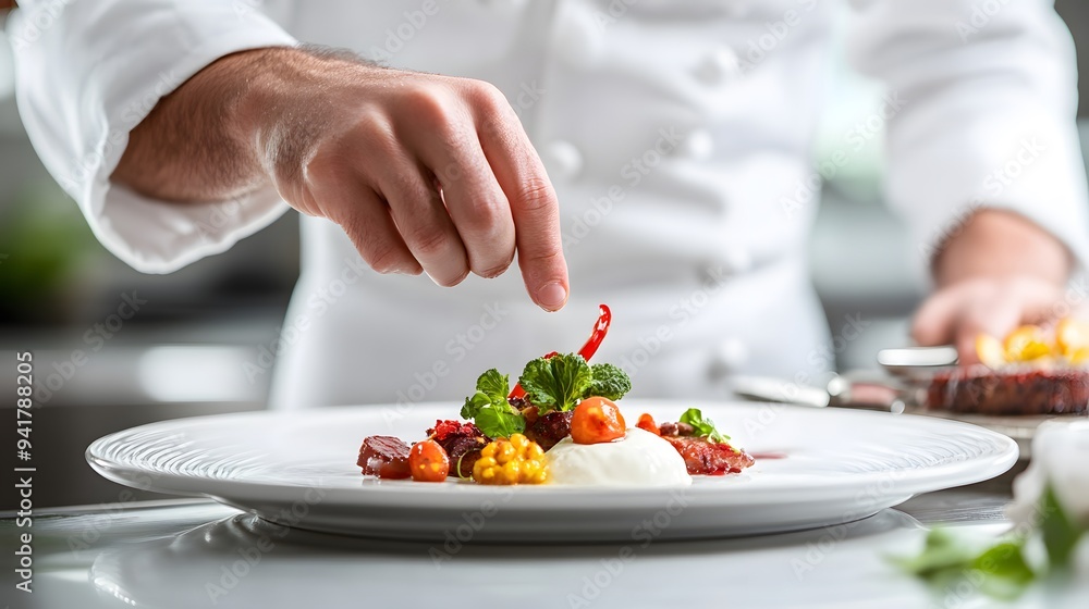 Chef’s Hand Plating a Gourmet Dish: A chef's hand carefully arranging a gourmet dish on a plate, with vibrant food colors popping against a white background.
Chef’s Hand Plating a Gourmet Dish: A chef's hand carefully arranging a gourmet dish on a plate, with vibrant food colors popping against a white background.