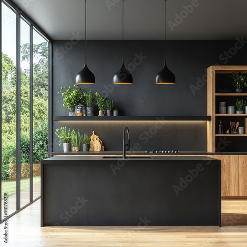 Modern Kitchen Island Black Wood Minimalism Sleek Faucet Window View Light Wood Floor 3 Pendant Lights Green Plants