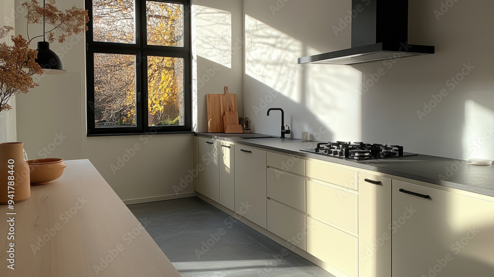 A minimalist kitchen with sleek white cabinets, black countertops, and a large window revealing a warm, golden light filtering in from outside. A minimalist kitchen with sleek white cabinets, black countertops, and a large window revealing a warm, golden light filtering in from outside.