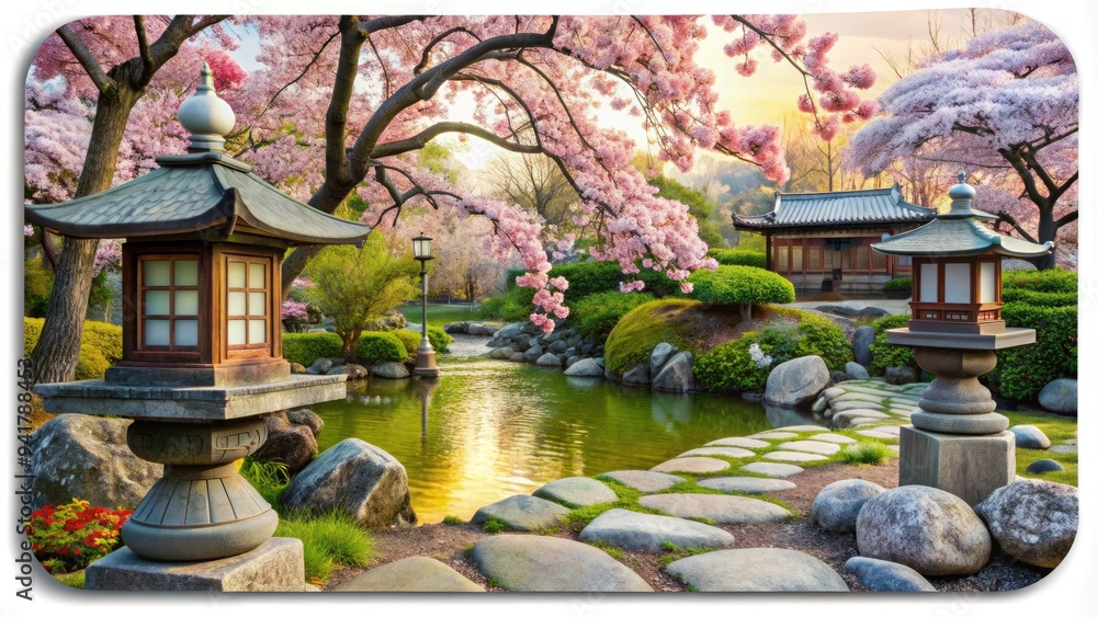 Fototapeta premium Japanese Garden Mousepad: Traditional, serene white mousepad with zen rocks, lanterns, and cherry blossoms; invites contemplation and tranquility.