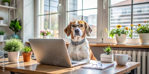 Wallpaper Mural Beagle Wearing Glasses at a Desk with a Laptop and Coffee, dog , work from home , pet , office Torontodigital.ca