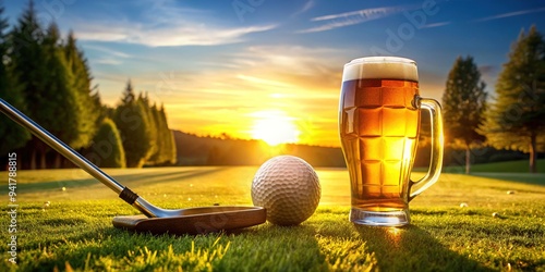 A refreshing pint of cold beer sits beside a golf club and ball on a sunny green, capturing the perfect blend of leisure and recreation.