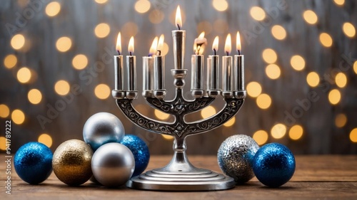 Silver menorah on wooden table, bokeh background, Hanukkah concept. photo