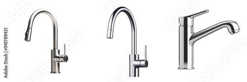 A stainless steel kitchen faucet with a pull out sprayer home appliance photorealistic shiny and elegant isolated on white and transparent background