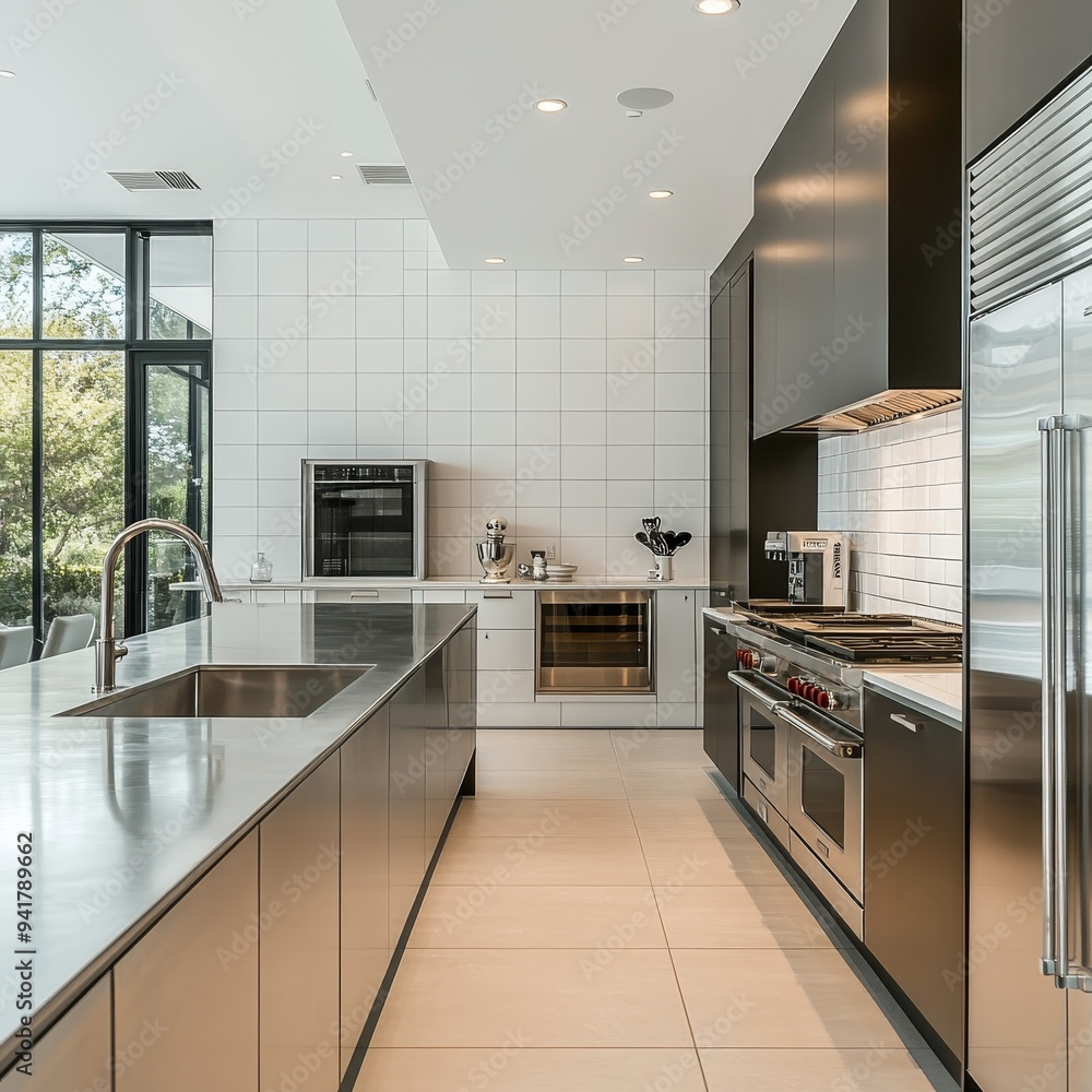 Modern Kitchen Island with Stainless Steel Countertop and Integrated Sink White Tile Walls and Floor Perspective Looking down the length of the kitchen island Composition Centered Modern Kitchen Island with Stainless Steel Countertop and Integrated Sink White Tile Walls and Floor Perspective Looking down the length of the kitchen island Composition Centered