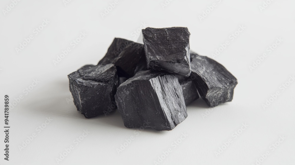 Naklejka premium Black Coal Pieces on White Background.