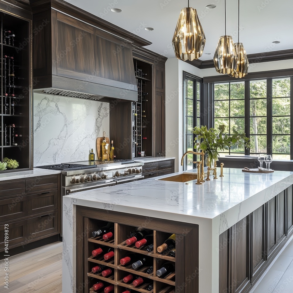 Modern Kitchen Island with Wine Storage A lowangle perspective ...