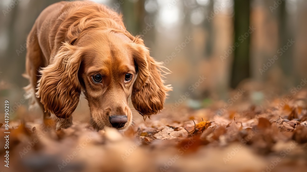 A curious and friendly Cocker Spaniel dog sniffing around in the beautiful green woodland with plenty of copy space for text or design elements A curious and friendly Cocker Spaniel dog sniffing around in the beautiful green woodland with plenty of copy space for text or design elements
